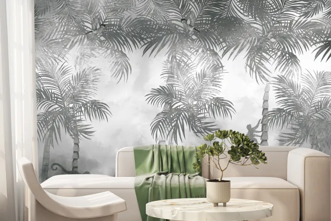 Fototapeta: Dżungla z egzotycznymi palmami i małpami