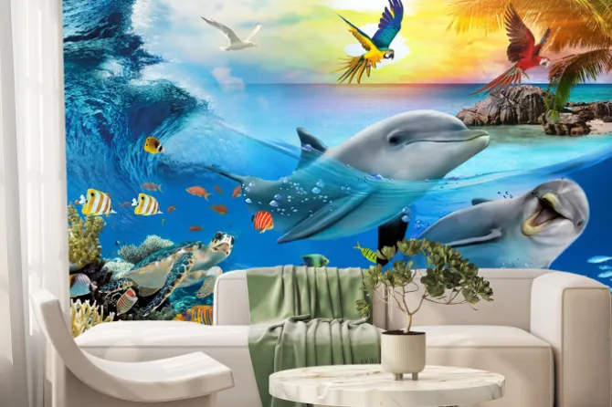 Fototapeta: Dwa delfiny żółw i papugi