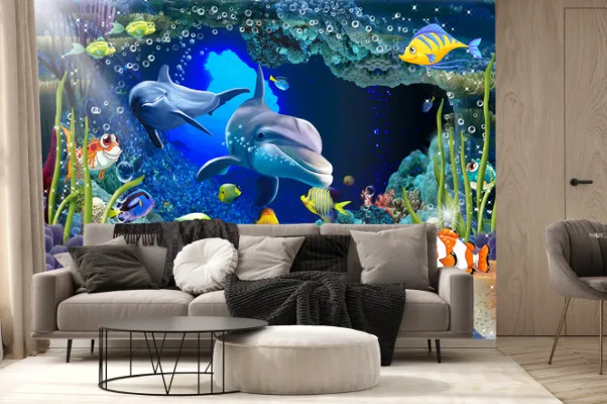 Fototapeta: Dwa delfiny wypływające z podwodnej szczeliny