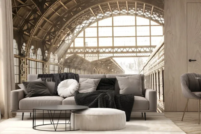 Fototapeta: Dworzec kolejowy o wschodzie słońca