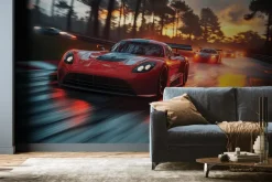 Fototapeta: Dynamiczny wyścig sportowych aut przy zachodzie