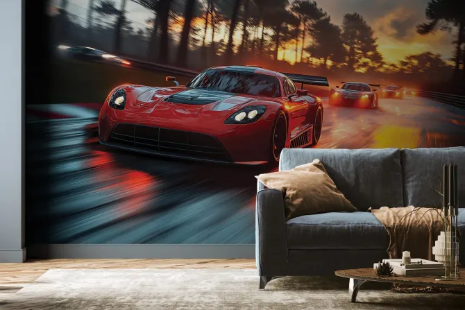 Fototapeta: Dynamiczny wyścig sportowych aut przy zachodzie