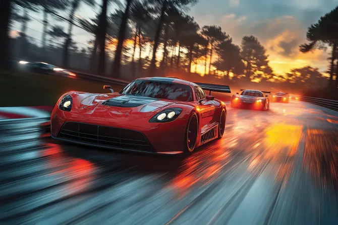 Fototapeta: Dynamiczny wyścig sportowych aut przy zachodzie