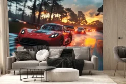 Fototapeta: Dynamiczny wyścig sportowych aut przy zachodzie