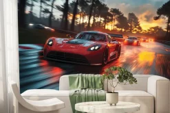 Fototapeta: Dynamiczny wyścig sportowych aut przy zachodzie