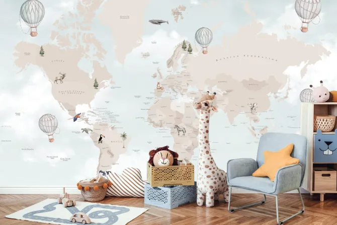 Fototapeta: Dziecięca mapa świata na tle nieba z chmurami