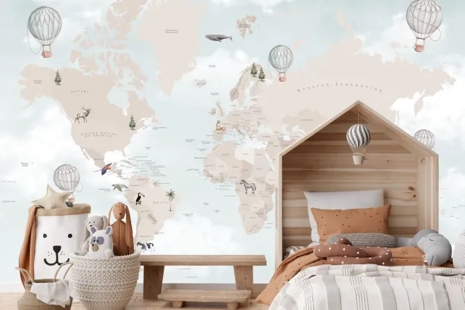 Fototapeta: Dziecięca mapa świata na tle nieba z chmurami