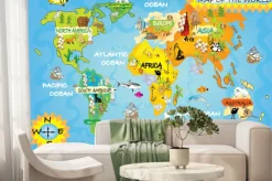 Fototapeta: Dziecięca mapa świata z kontynentami i zwierzętami