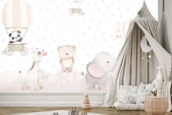 Fototapeta: Dziecięcy wzór z balonami różowymi kwiatami i zwierzątkami