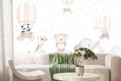 Fototapeta: Dziecięcy wzór z balonami różowymi kwiatami i zwierzątkami