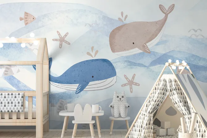 Fototapeta: Dziecięcy wzór z wielorybami i rybkami w morskiej scenerii akwarela