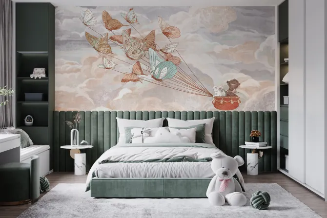 Fototapeta: Dziecięcy wzór z motylami i zwierzątkami latającymi na tle nieba