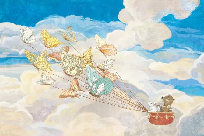 Fototapeta: Dziecięcy wzór z motylami i zwierzątkami latającymi na tle nieba