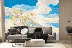 Fototapeta: Dziecięcy wzór z motylami i zwierzątkami latającymi na tle nieba