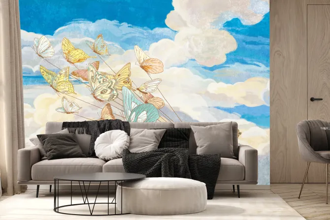 Fototapeta: Dziecięcy wzór z motylami i zwierzątkami latającymi na tle nieba