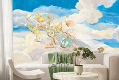 Fototapeta: Dziecięcy wzór z motylami i zwierzątkami latającymi na tle nieba