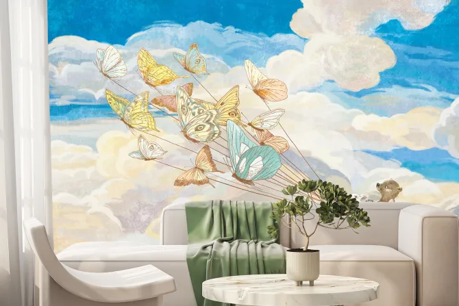 Fototapeta: Dziecięcy wzór z motylami i zwierzątkami latającymi na tle nieba