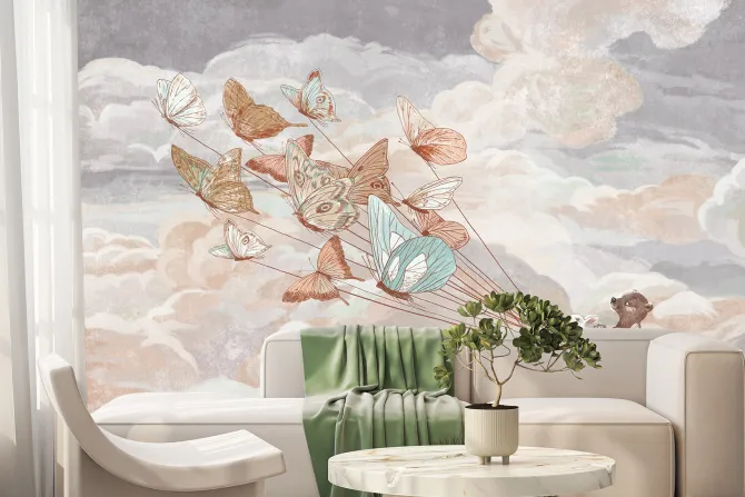 Fototapeta: Dziecięcy wzór z motylami i zwierzątkami latającymi na tle nieba