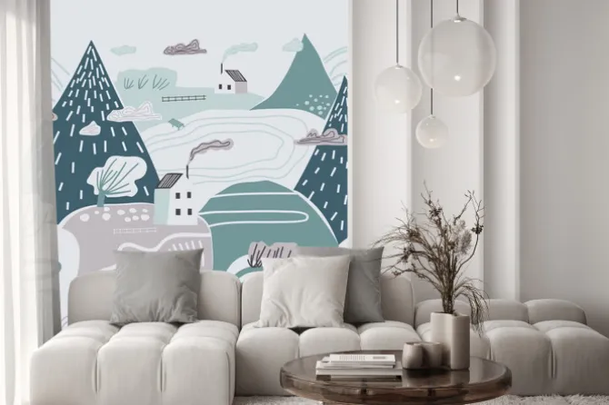 Fototapeta: Dziecinne kolorowy wzór z góry, wzgórza, doliny i domy. pochmurny