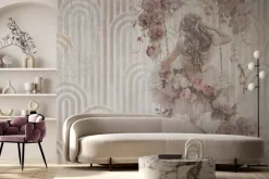 Fototapeta: Dziewczyna z kwiatami na huśtawce geometryczne tło