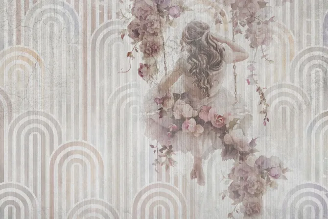 Fototapeta: Dziewczyna z kwiatami na huśtawce geometryczne tło