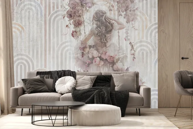 Fototapeta: Dziewczyna z kwiatami na huśtawce geometryczne tło