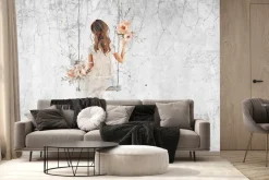 Fototapeta: Dziewczynka na huśtawce z kwiatami i efektem betonu w tle