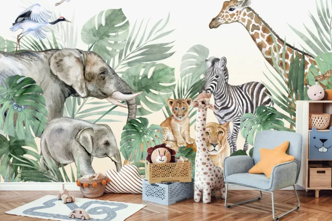 Fototapeta: Dzikie zwierzęta wśród liści monstery