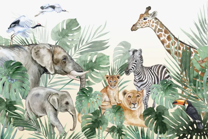 Fototapeta: Dzikie zwierzęta wśród liści monstery