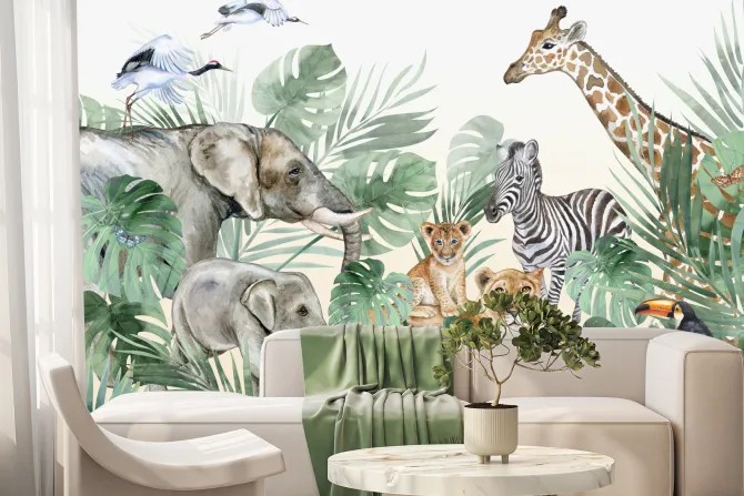 Fototapeta: Dzikie zwierzęta wśród liści monstery