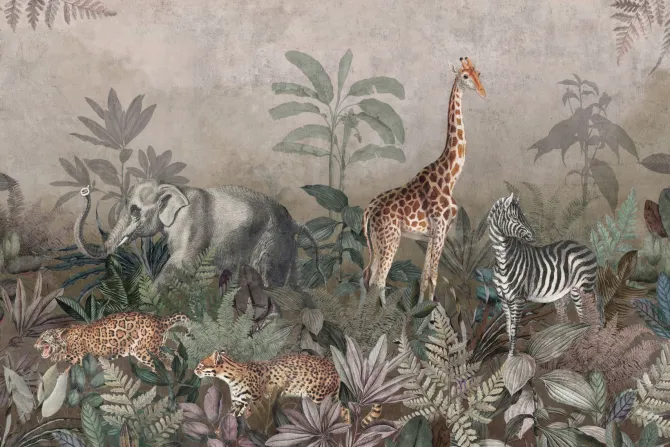 Fototapeta: Dzikie zwierzęta safari wśród tropikalnych roślin w dżungli