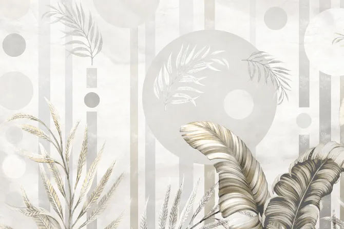 Fototapeta: Egzotyczne liście na tle z figurami geometrycznymi