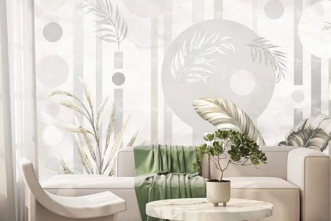 Fototapeta: Egzotyczne liście na tle z figurami geometrycznymi