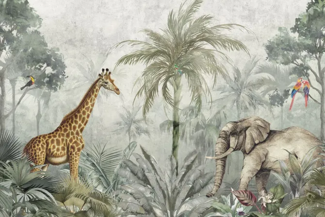 Fototapeta: Egzotyczne zwierzęta w zielonej dżungli w stylu akwareli