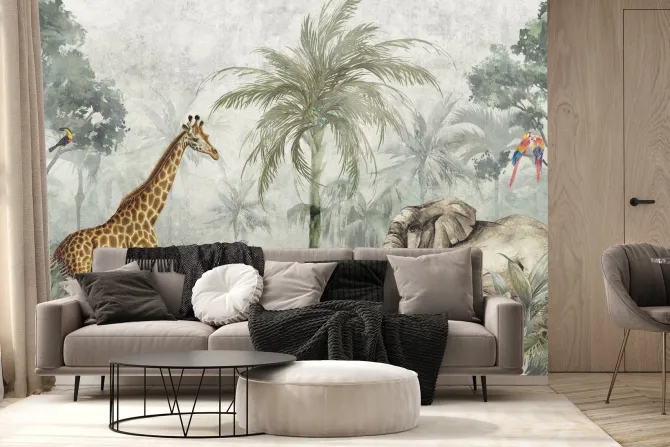 Fototapeta: Egzotyczne zwierzęta w zielonej dżungli w stylu akwareli