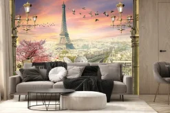 Fototapeta: Elegancki taras z kwiatami na tle panoramy paryża