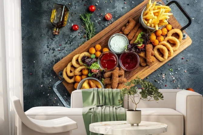 Fototapeta: Fast food meals mozzarella sticks, onion rings, french fries,