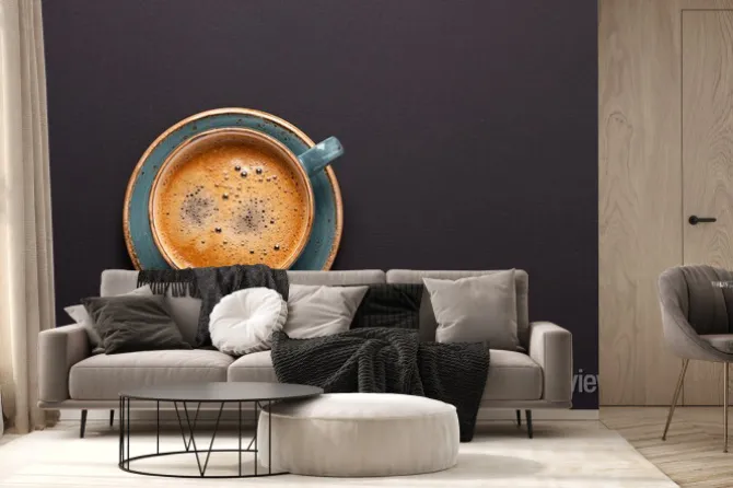 Fototapeta: Filiżanka kawy na czarnym tle. skopiuj miejsce. widok z góry.