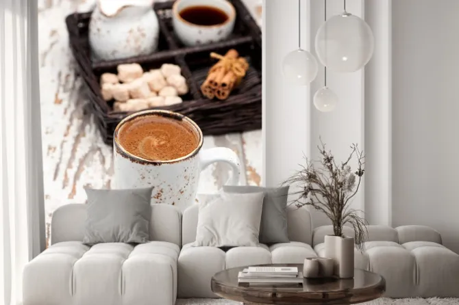 Fototapeta: Filiżanka kawy cappuccino na jasnym tle.