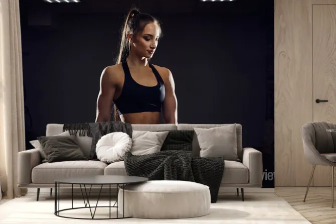 Fototapeta: Fitness and sport concept. brutal athletic woman pumping up muscules