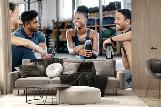 Fototapeta: Fitness, conversation and friends at the gym for training, exercise