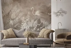 Fototapeta: Flaming i tropikalne liście w odcieniach brązu na betonowym tle