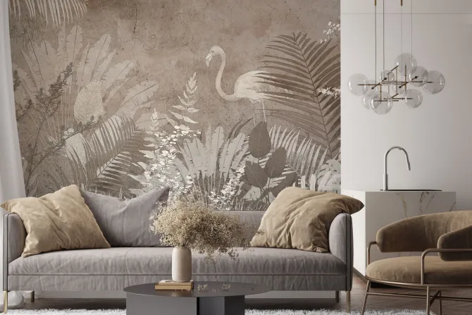 Fototapeta: Flaming i tropikalne liście w odcieniach brązu na betonowym tle