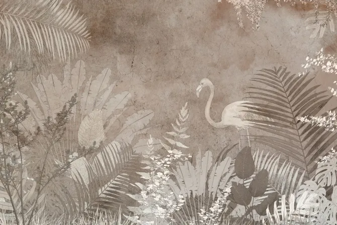 Fototapeta: Flaming i tropikalne liście w odcieniach brązu na betonowym tle