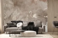 Fototapeta: Flaming i tropikalne liście w odcieniach brązu na betonowym tle