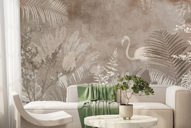 Fototapeta: Flaming i tropikalne liście w odcieniach brązu na betonowym tle