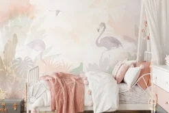 Fototapeta: Flamingi i tropikalne liście w pastelowych kolorach