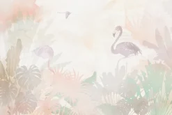 Fototapeta: Flamingi i tropikalne liście w pastelowych kolorach