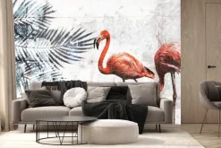 Fototapeta: Flamingi i tropikalne liście na tle betonu