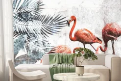 Fototapeta: Flamingi i tropikalne liście na tle betonu